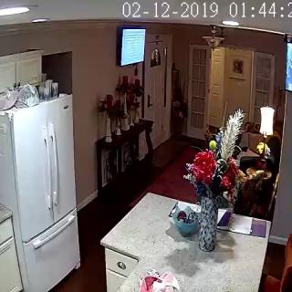 A cozy living space with a kitchen counter displaying flowers, a television on the wall, and comfortable seating, captured at night.