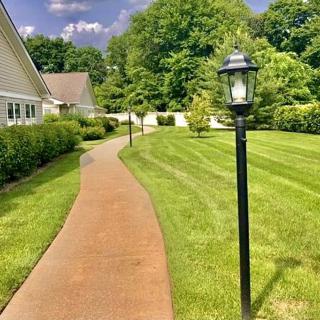 A well-maintained pathway with lamp posts and a lush green lawn in a suburban setting.
