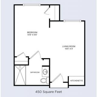 A floor plan of a 450 square foot apartment, featuring a bedroom, living room, bathroom, and closet.