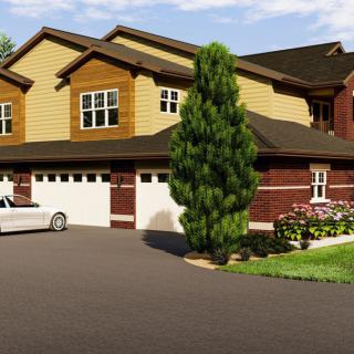 A suburban house with a driveway and garage, featuring a car parked outside and surrounded by greenery.