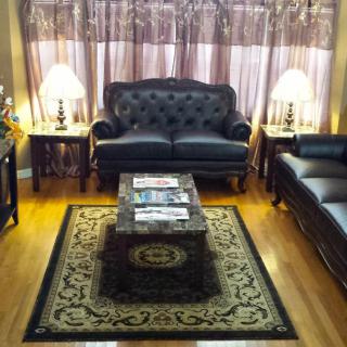 A cozy living room with a black leather sofa set, ornate rug, and classic decor.