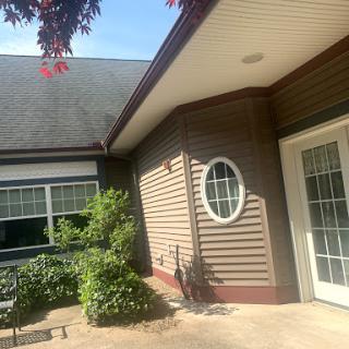 A charming view of a house exterior with lush greenery and unique architectural features.