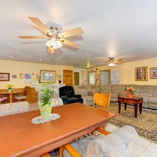 A cozy living and dining area with ceiling fans, comfortable sofas, a dining table, and tasteful decorations.