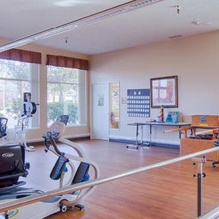 A spacious gym equipped with exercise machines and large windows.