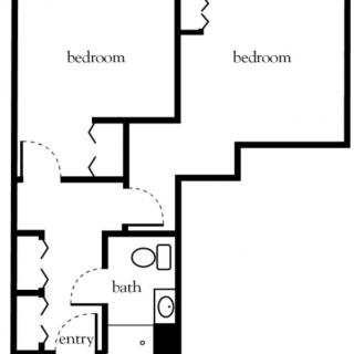 A floor plan layout of a two-bedroom apartment featuring a living space, kitchen, and bathroom.