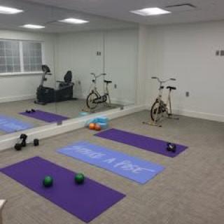 A home gym setup with yoga mats, dumbbells, and a stationary bike in front of mirrors.