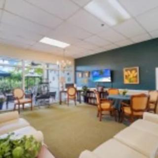 A cozy lounge area with comfortable seating, a television, artwork on the walls, and natural light streaming in through large windows.