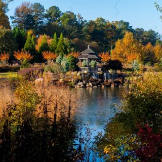 A serene autumn landscape with vibrant foliage, featuring a gazebo by the lake.
