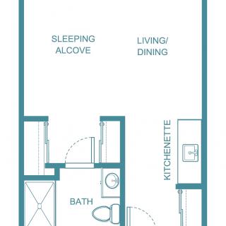 A floor plan of a studio apartment with designated areas for sleeping, living/dining, kitchenette, and bath.