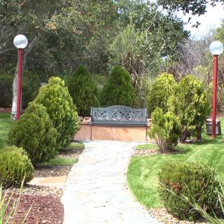 A serene garden scene with a pathway leading to a bench surrounded by trees.