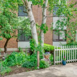 A lush garden with trees and a white picket fence in front of a brick building.