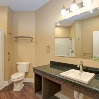 A modern bathroom with a spacious countertop, sink, mirror, and lighting.