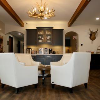 A stylish living room with white armchairs, a unique antler chandelier, and modern design elements.
