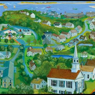 A vibrant depiction of a quaint village nestled in lush greenery, featuring winding roads, houses, and a central church.