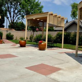 A spacious backyard patio with pergolas and large planters, ideal for outdoor seating and relaxation.