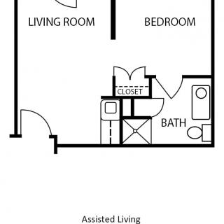 This image shows a floor plan for an assisted living apartment with a living room, bedroom, bathroom, and closet.