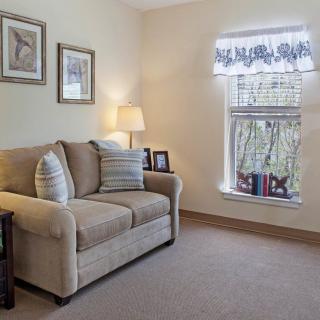 Cozy living room with a sofa and a lamp near the window.