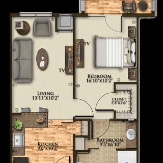 A floor plan of a one-bedroom apartment featuring a living room, kitchen, and bathroom.