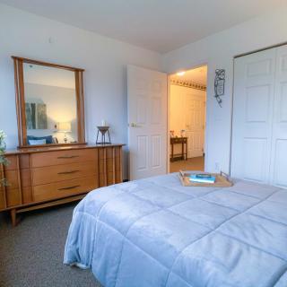 A cozy bedroom with a dresser, mirror, and neatly made bed.