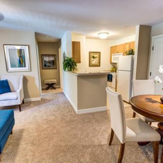 A stylish open-concept apartment featuring a cozy living room, kitchen, and dining area.