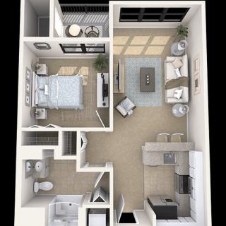 A detailed floor plan of a one-bedroom apartment featuring an open concept living room and kitchen.