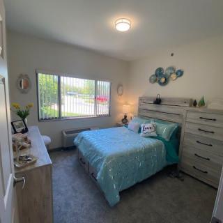 A modern bedroom with a blue-themed decor, featuring a bed, dresser, and ample natural light from the window.