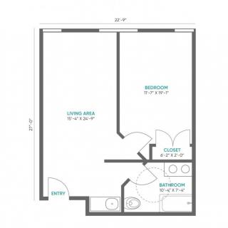 A simple floor plan showing the layout of a small apartment with designated areas for living, sleeping, and storage.