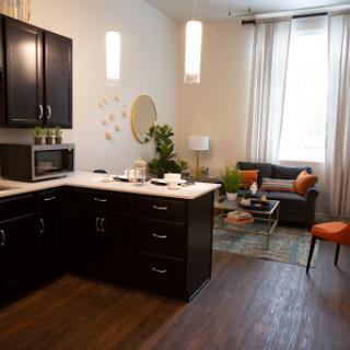 A cozy modern kitchen seamlessly integrated with a stylish living area, featuring sleek cabinetry and comfortable seating.
