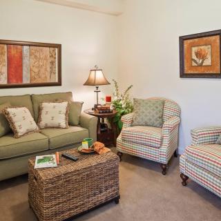 A cozy living room with a sofa, armchair, coffee table, and decorative elements.