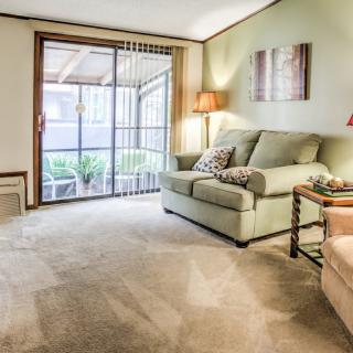 Cozy living room with a sofa and sliding glass door leading to a patio.