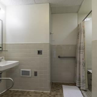 A handicap accessible bathroom with a sink, mirror, and shower area.
