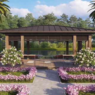 A tranquil garden scene featuring a gazebo surrounded by blooming flowers and lush greenery.