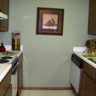 A cozy kitchen with wooden cabinets and a framed picture on the wall.