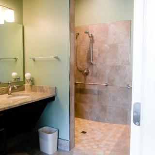 Modern accessible bathroom with an open shower and sink area.