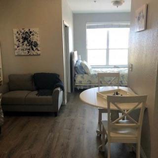 A compact living space with a sofa, dining table, and bed in view.