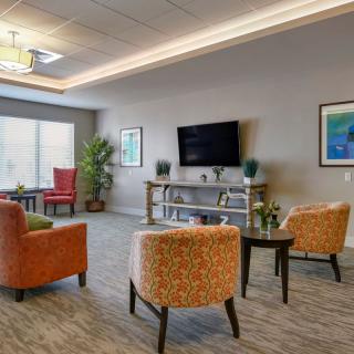 A modern living room with colorful armchairs, a television, and stylish decor.
