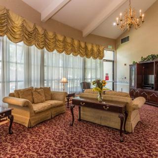 A spacious and elegantly decorated living room featuring plush sofas, a large carpet, and a chandelier.