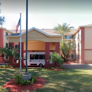 A hotel entrance with a vehicle parked under the canopy, surrounded by palm trees and landscaping.