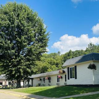 A peaceful suburban neighborhood with houses and a large tree under a blue sky.