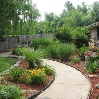 A serene garden featuring a winding pathway surrounded by lush plants and flowers.