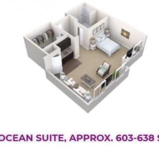 3D floor plan of an Ocean Suite apartment, approximately 603-638 square feet in size.