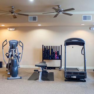A small gym with exercise equipment, including a treadmill, elliptical machine, and a set of dumbbells.