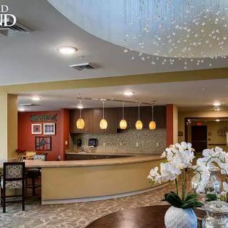A modern reception area with elegant decor and lighting.