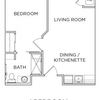 A floor plan of an apartment featuring a bedroom, living room, dining area with kitchenette, and a bathroom.