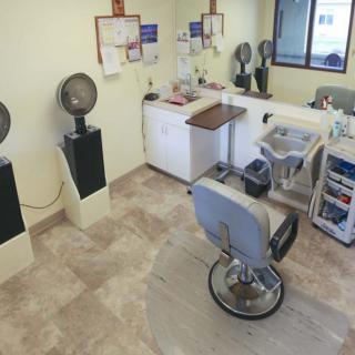 An interior view of a barbershop with chairs, mirrors, and hair drying equipment.