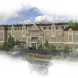 Illustration of a large hotel with multiple floors and a landscaped entrance.