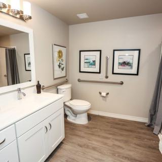 A modern, accessible bathroom featuring white cabinets and wood floors.
