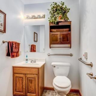 A compact bathroom with a sink, toilet, mirror, and wooden cabinets, complemented by red towels and an indoor plant.