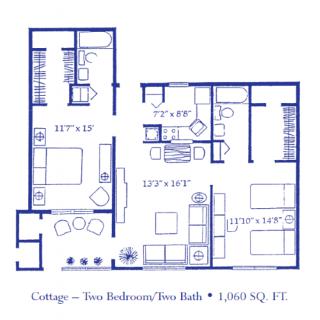 Floor plan of a cottage featuring two bedrooms and two bathrooms, measuring 1,060 square feet.