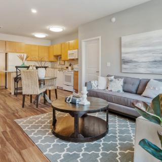 An open-concept living area featuring a cozy living room and adjacent kitchen with stylish decor and modern appliances.